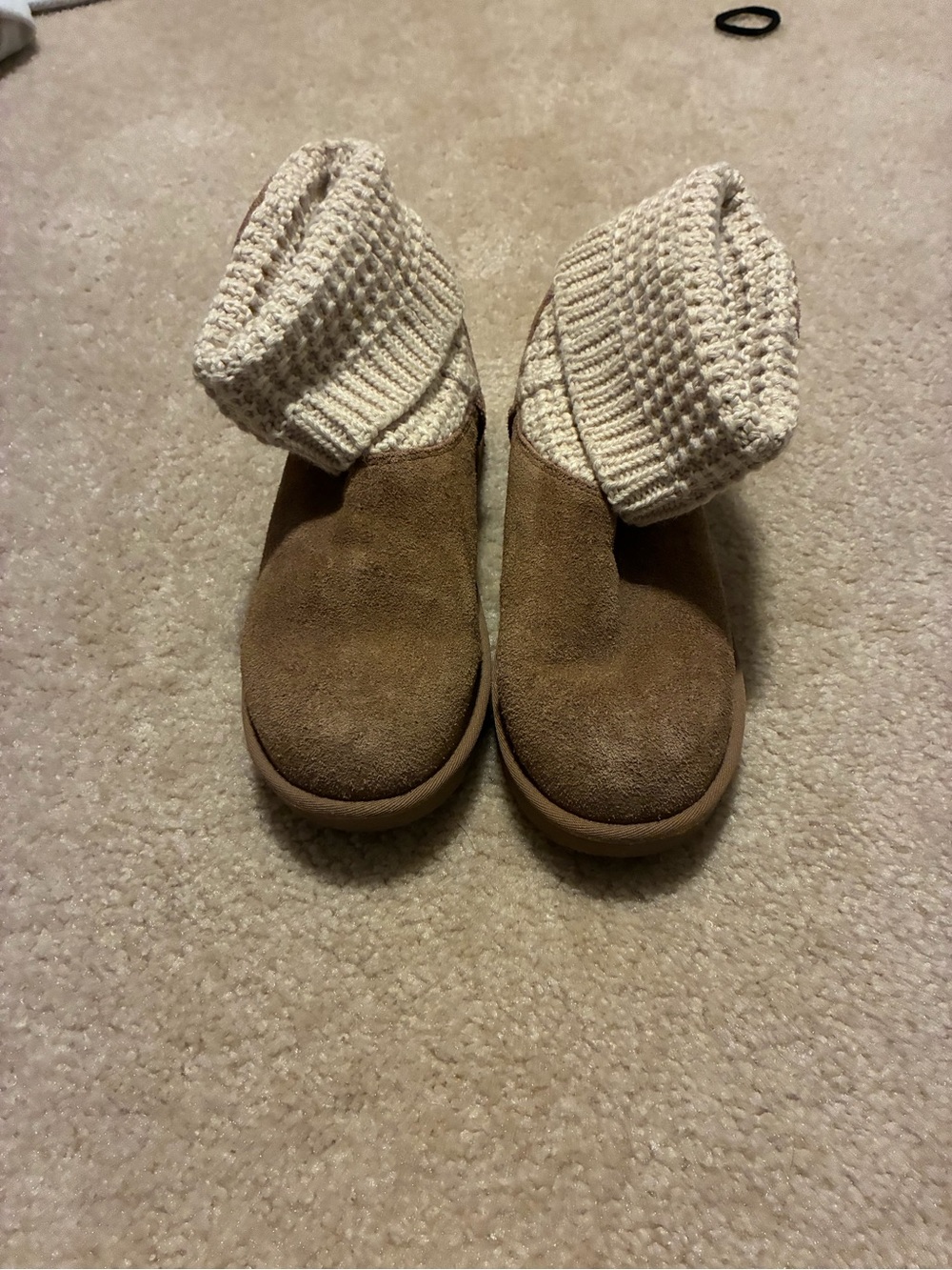 Womens Suede Booties with Knit Cuff - Tan